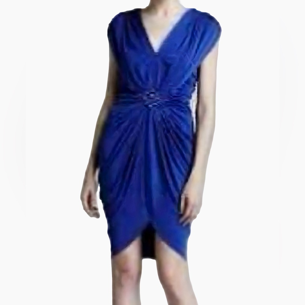 SALE Tadashi Shoji USA Draped Ruched Embellished Cocktail Dress Colbalt Blue